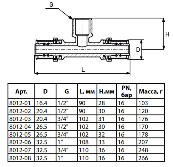 Тройник латунный Aquasfera 8012 DN 25x32.5 PN 16 резьба - 1'', покрытие - никель, резьбовой НР/пресс, 8012-06