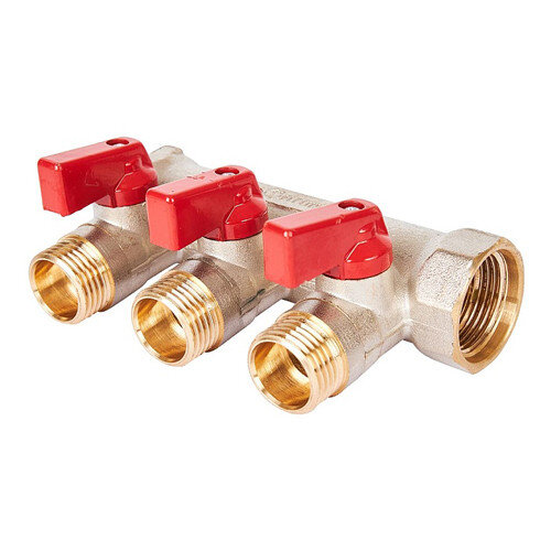 Коллектор распределительный STOUT SMB 6210 3 отвода ВР-НР 3/4"х1/2" DN 20 PN 10 с шаровыми кранами красная рукоятка уплотнительное кольцо