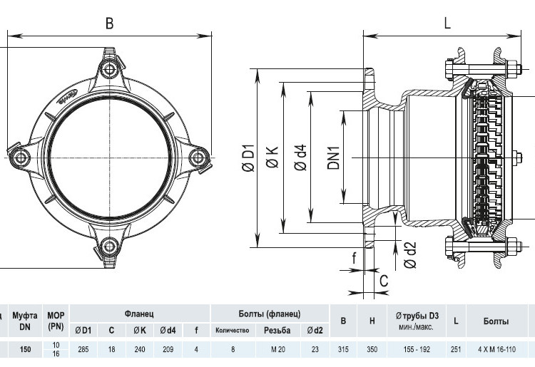 Фланец HAWLE Synoflex 7994 DN 150 (155-192 мм) универсальный фиксирующий 4