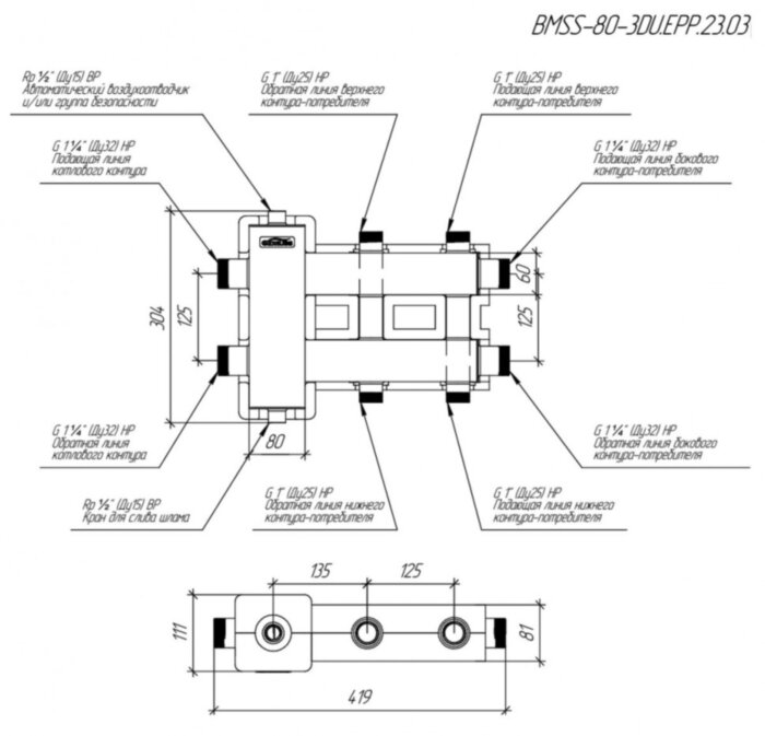 Коллектор распределительный GIDRUSS BMSS-80-3DU.EPP 3-х контурный НР 1 1/4"x1" Ду 32 Ру 6 балансировочный в термоизоляции