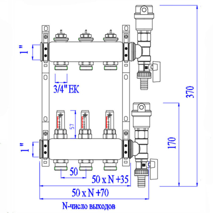 Коллекторная группа VALTEC VTc.589.EMNX.0606 6-ти контурный ВР-НР 1"x3/4" DN 25 PN 9 с регулирующими клапанами и расходомерами