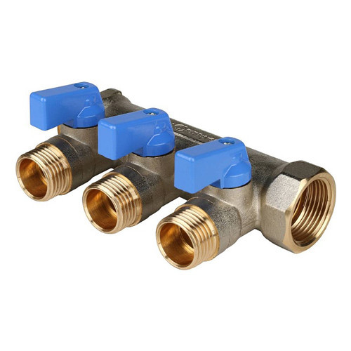 Коллектор распределительный STOUT SMB 6201 3 отвода ВР-НР 3/4"х1/2" DN 20 PN 10 с шаровыми кранами синяя рукоятка 1