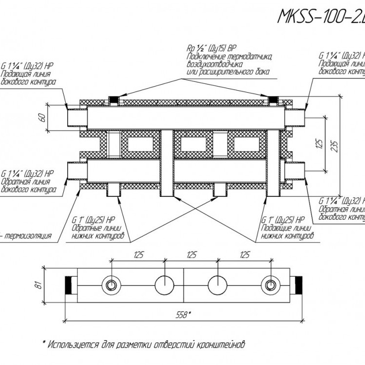 Коллектор распределительный GIDRUSS MKSS-100-2.EPP 2-х контурный НР 1 1/4"x1" Ду 32 Ру 6 модульный в термоизоляции 3