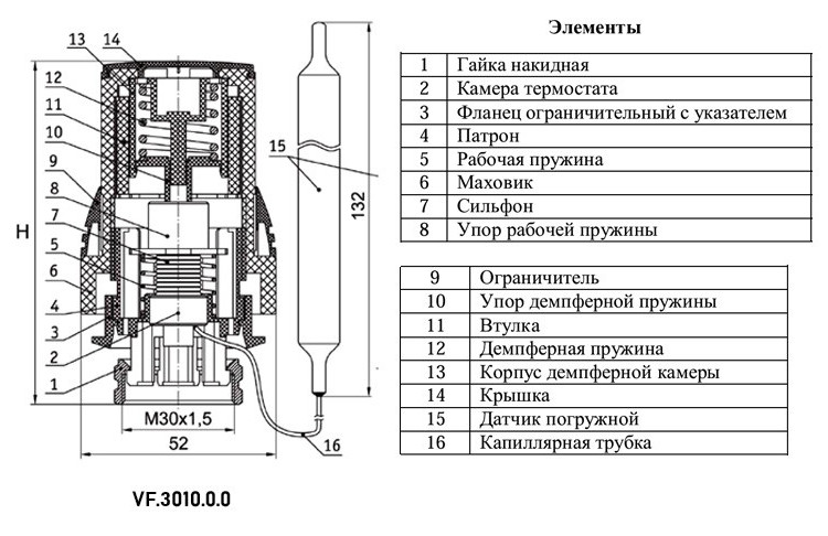 Термоголовка VALFEX VF.3010 ВР М30х1,5 DN 15 PN 10 жидкостная с погружным датчиком 2