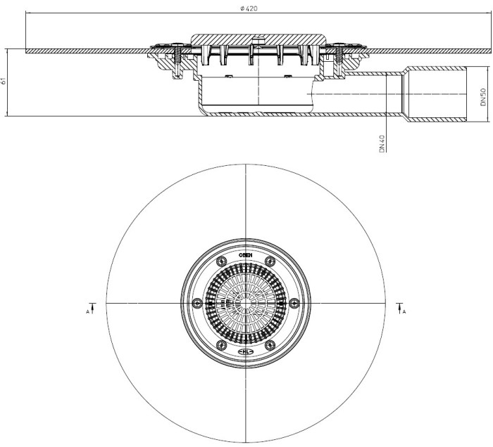Корпус трапа HL90KH DN40/50 горизонтальный выпуск, полимербитумное полотно, листвоуловитель