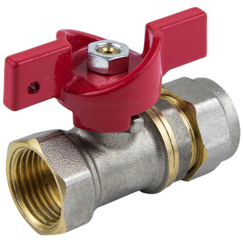 Кран шаровой латунный для МП трубы Aquasfera EURO 1016 DN 15 Dтр 16 PN 16 резьба - 1/2'', покрытие - никель, неполнопроходной резьбовой ВР/компрессионный, ручка-бабочка красная 1016-01