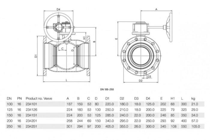 Кран шаровой Vexve 234xx1200 DN 200 стальной стандартнопроходный фланцевый для жидкости, с ручным редуктором