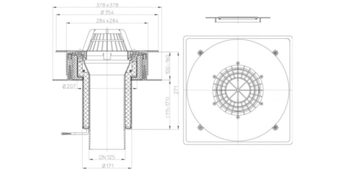 Кровельная воронка из профлиста HL63.1P/2 DN 125 с электрообогревом с гидроизоляционным полотном из ПВХ