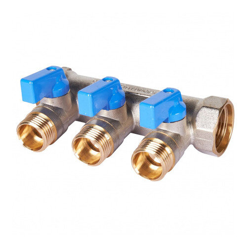 Коллектор распределительный STOUT SMB 6211 3 отвода ВР-НР 3/4"х1/2" DN 20 PN 10 с шаровыми кранами синяя рукоятка уплотнительное кольцо