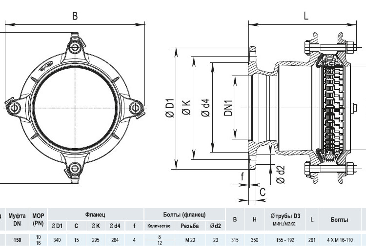 Фланец HAWLE Synoflex 7994 DN 200 (155-192 мм) универсальный фиксирующий 4