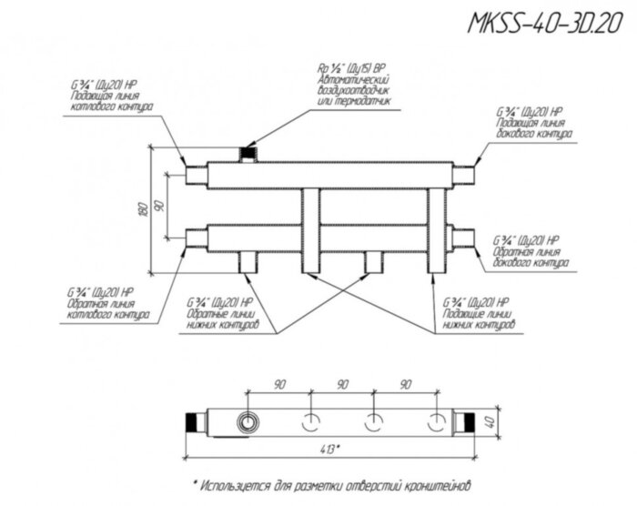 Коллектор распределительный GIDRUSS MKSS-40-3D 2-х контурный НР 3/4" Ду 20 Ру 6 модульный