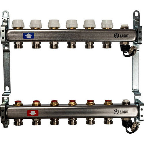 Коллектор STOUT без расходомеров с клапаном вып. воздуха и сливом 6 выходов