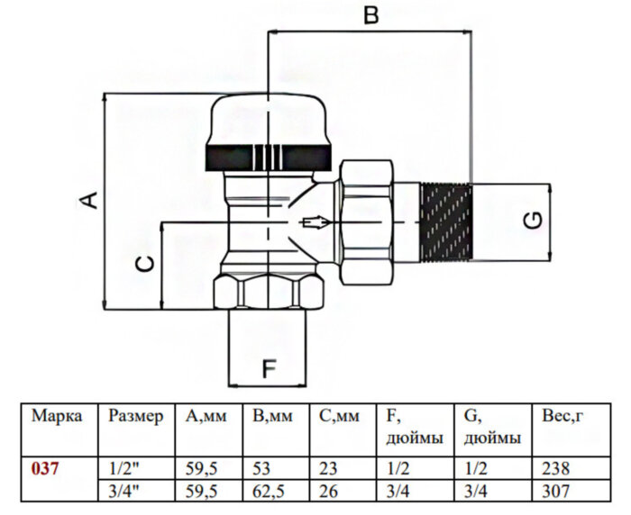 Клапан терморегулятора радиаторный Valtec VT.037 3/4" DN 20 PN 10 угловой с преднастройкой