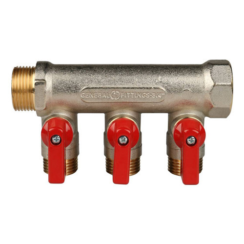 Коллектор распределительный STOUT SMB 6200 3 отвода ВР-НР 3/4"х1/2" DN 20 PN 10 с шаровыми кранами красная рукоятка 2