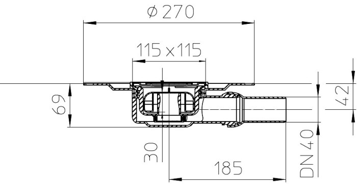 Корпус трапа HL90КD DN40 горизонтальный выпуск, перфорированный фланец