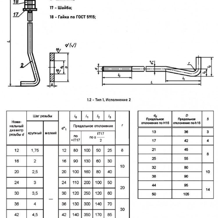 Болт фундаментный 1.2 М30x1400 изогнутый ГОСТ 24379.1-2012 2