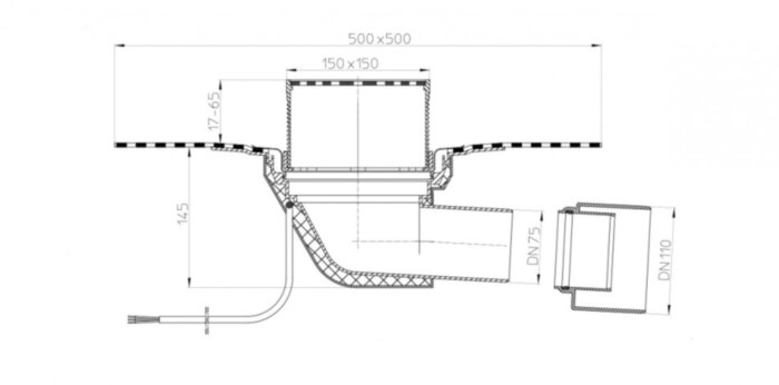 Кровельная воронка HL64.1BH DN 75/110 с горизонтальным выпуском с электрообогревом для эксплуатируемой кровли с полимербитумным полотном