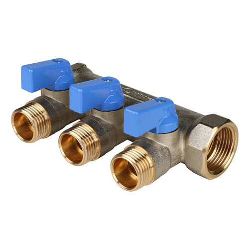 Коллектор распределительный STOUT SMB 6201 3 отвода ВР-НР 3/4"х1/2" DN 20 PN 10 с шаровыми кранами синяя рукоятка