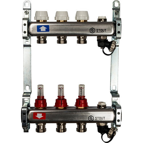Коллектор STOUT с расходомерами с клапаном вып. воздуха и сливом 3 выхода