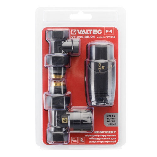 Комплект терморегулирующего оборудования Valtec VT.046 1/2" DN 15 PN 10 для радиатора прямой, черный
