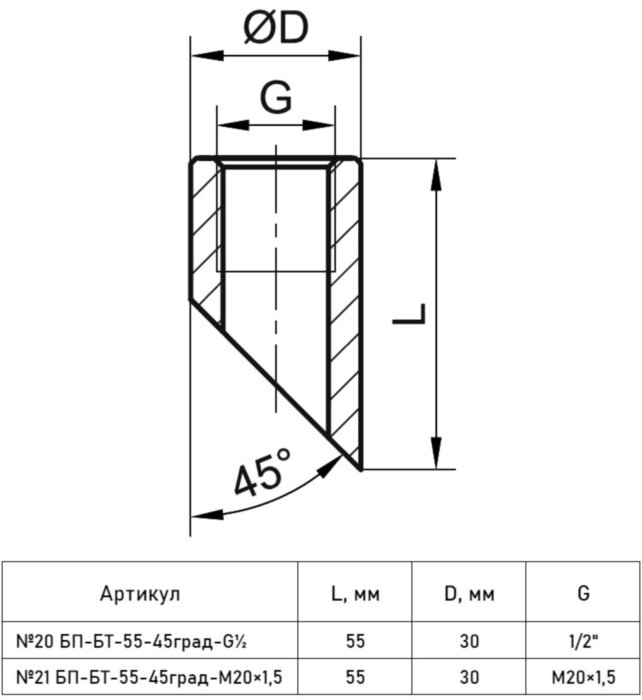 Бобышка приварная РОСМА 21 БП-БТ-55-45град-М20х1,5 (0-40 МПа) Дкорп=30мм L=55мм М20х1,5 углеродистая сталь 00000042256
