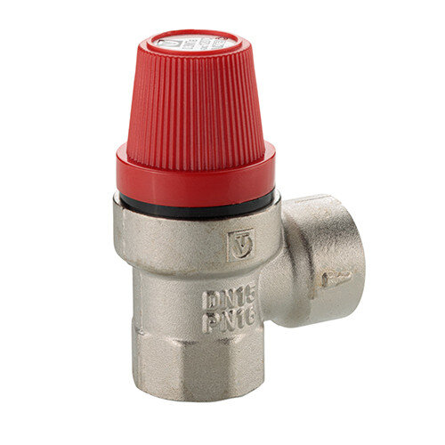 Клапан предохранительный VALTEC VT.0490.N.0430 1/2" DN 15 PN 10 пружинный с фиксированной настройкой 0,3 МПа, латунный с никелевым покрытием