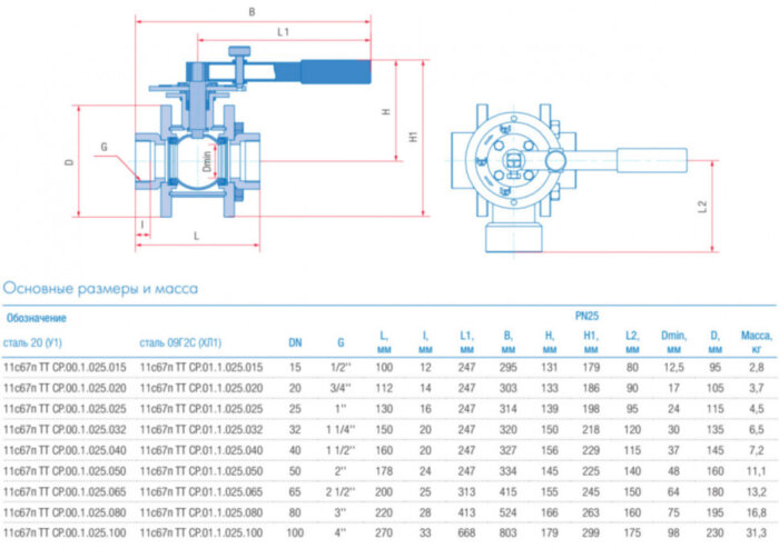 Кран шаровой трехходовой Маршал 11с67п ТТ СР.00.1 DN 100 PN 25 полнопроходной муфтовый