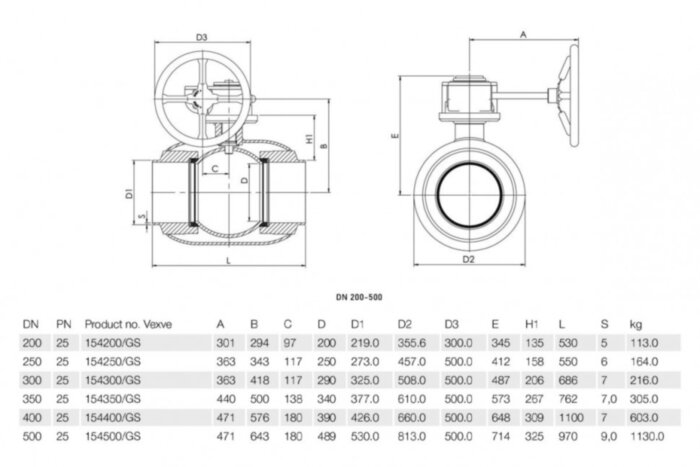 Кран шаровой Vexve 154/GS250 DN 250 PN 25 стальной полнопроходный под приварку для жидкости, ручка-рычаг
