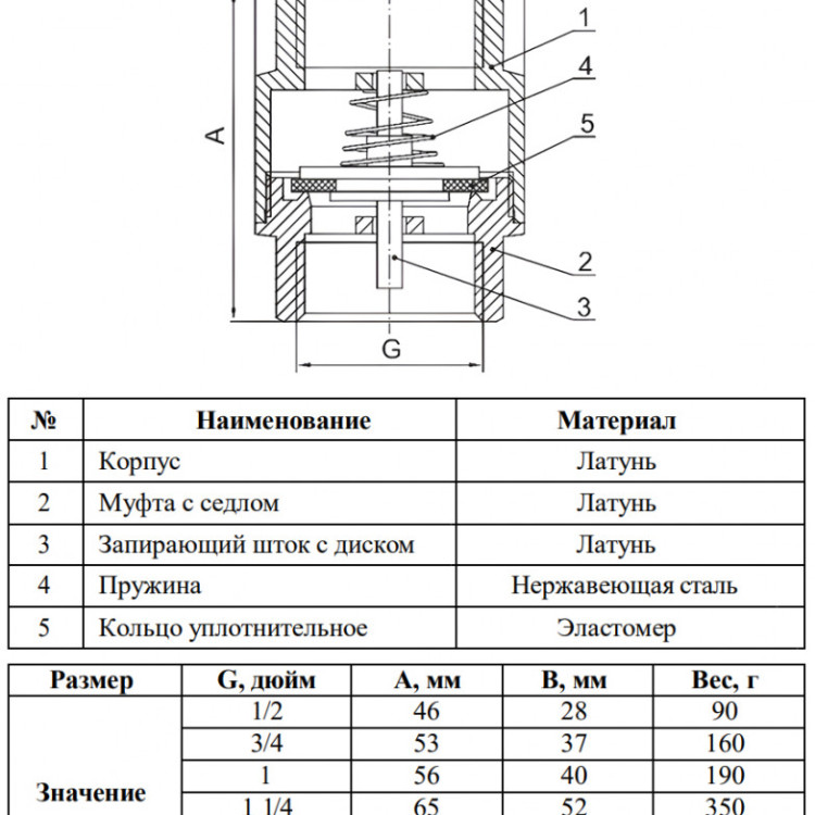 Клапан обратный латунный VALFEX VF.161.L.114 Ду 32 Ру 25 с латунным штоком 2