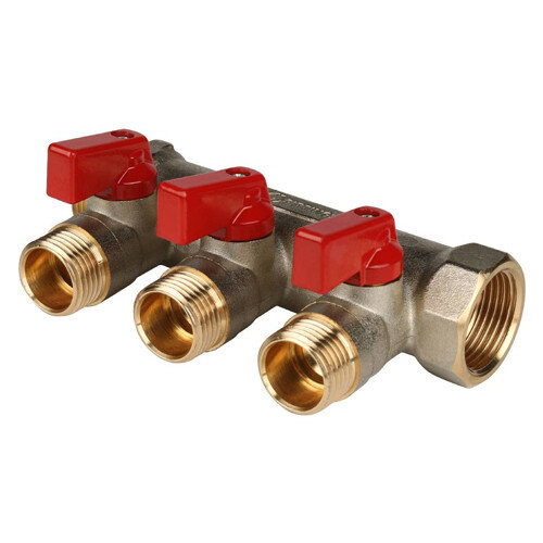 Коллектор распределительный STOUT SMB 6200 3 отвода ВР-НР 3/4"х1/2" DN 20 PN 10 с шаровыми кранами красная рукоятка