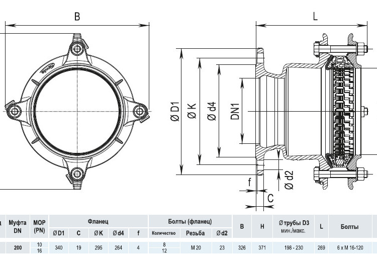 Фланец HAWLE Synoflex 7994 DN 200 (198-230 мм) универсальный фиксирующий 4