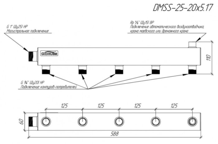 Коллектор распределительный GIDRUSS DMSS-25-20x5 5-ти контурный НР 1"x3/4" Ду 25 Ру 6 магистральный