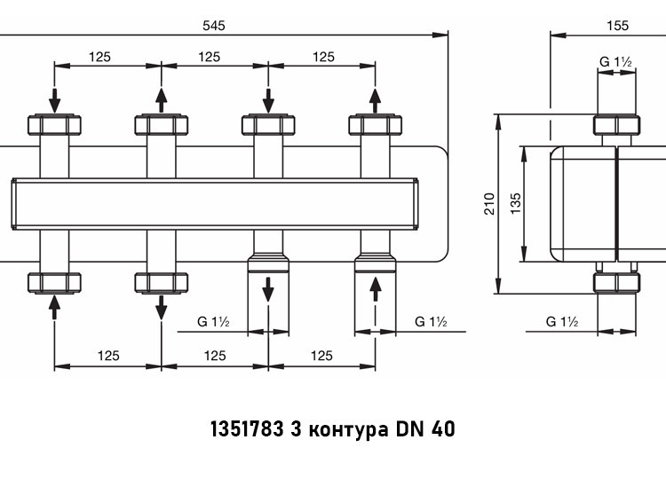 Коллектор распределительный Oventrop Regumat 1351783 3-х контурный ВР-НР 1 1/2" DN 40 PN 4 в теплоизоляции 2