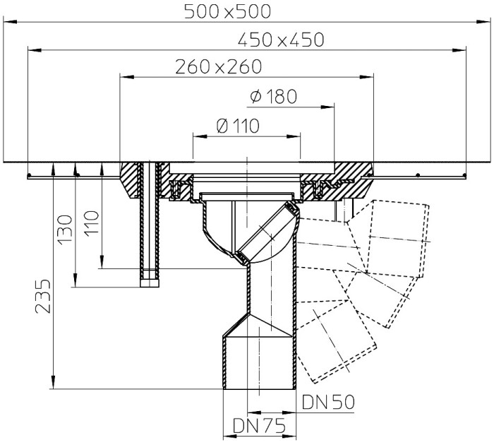 Корпус трапа HL80CК DN50/75 поворотный шарнир, консоль из полимербетона