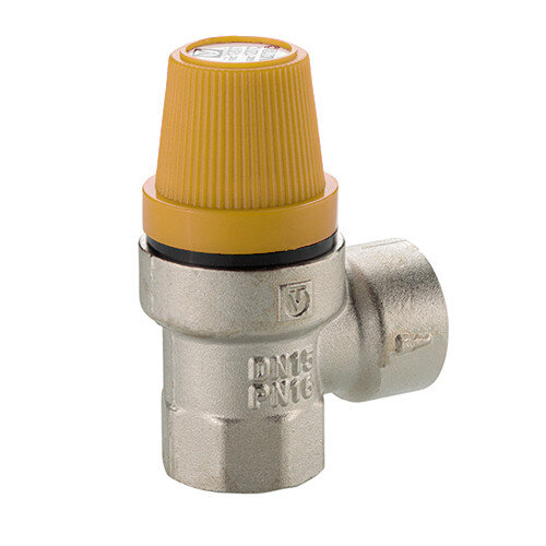 Клапан предохранительный VALTEC VT.0490.N.0460 1/2" DN 15 PN 10 пружинный с фиксированной настройкой 0,6 МПа, латунный с никелевым покрытием