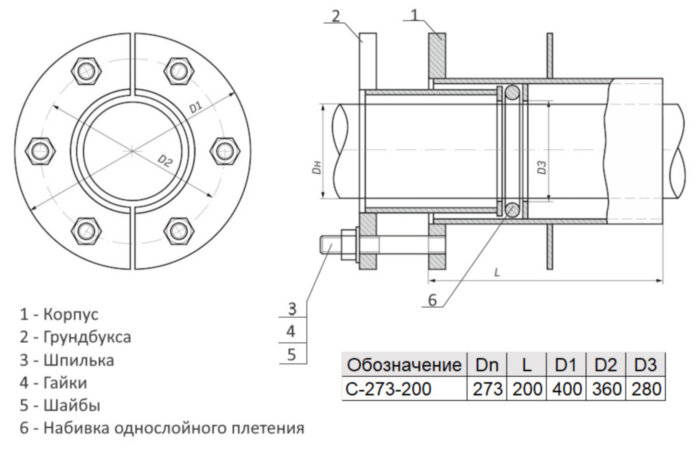 Сальник нажимной С-273-200 ТММ 18-03 Ду 273 L=200мм