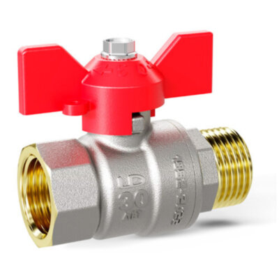 Кран шаровой латунный LD Pride 47.20.В-Н.Б Ду 20 Ру 40 резьба (ВР-НР) 3/4", никелированный с красной бабочкой, неполнопроходный