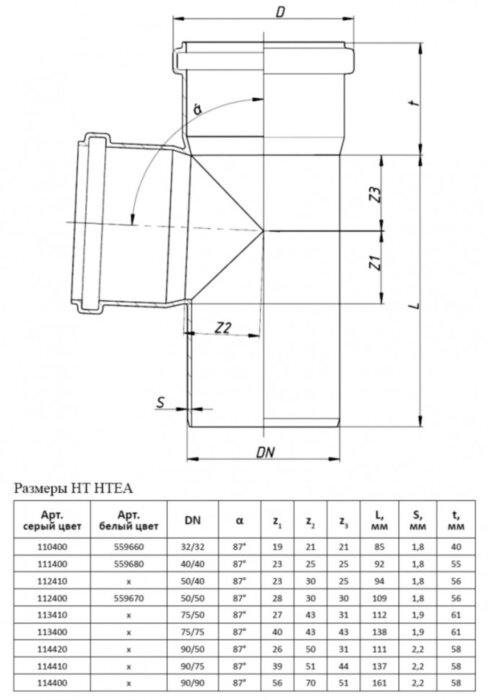 Тройник канализационный PP-H Ostendorf HT HTEA DN 75/75х87° цвет серый