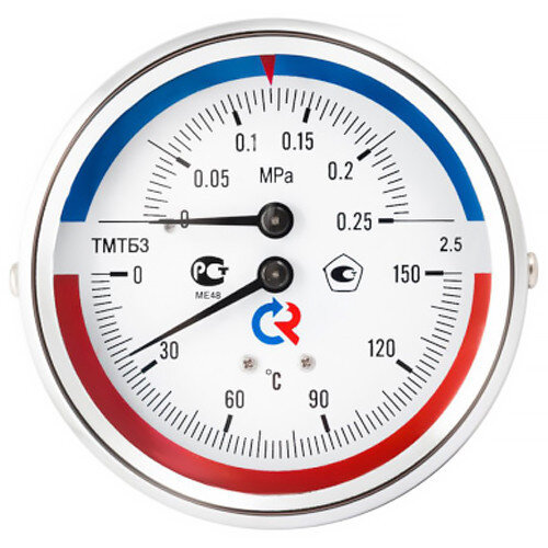 Термоманометр РОСМА ТМТБ-31Т.3 (0...0,25 МПа) Дкорп=80мм L=100мм кл. 2,5 G1/2" Траб = 0...+120°C осевой УТ-00054732