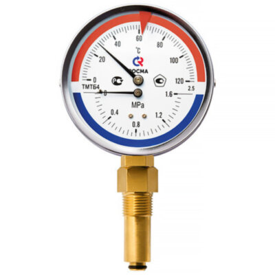 Термоманометр РОСМА ТМТБ-41Р.3 (0...0,6 МПа) Дкорп=100мм L=100мм кл. 2,5 G1/2" Траб = 0...+150°C радиальный 00000002375