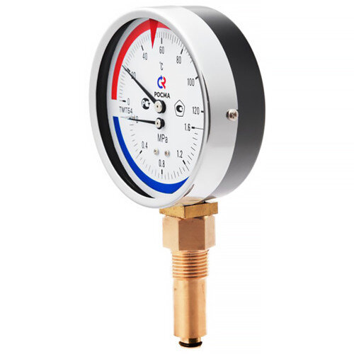 Термоманометр РОСМА ТМТБ-41Р.3 (0...0,6 МПа) Дкорп=100мм L=100мм кл. 2,5 G1/2" Траб = 0...+150°C радиальный 00000002375