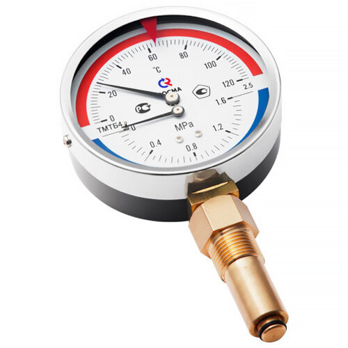 Термоманометр РОСМА ТМТБ-41Р.3 (0...0,6 МПа) Дкорп=100мм L=100мм кл. 2,5 G1/2" Траб = 0...+150°C радиальный 00000002375