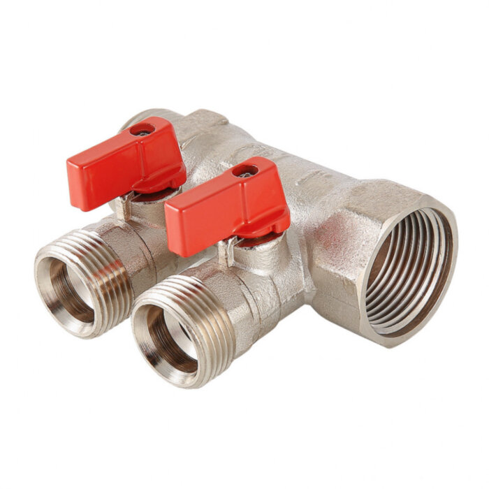 Коллектор распределительный VALTEC VTc.580.NE.0603 3 отвода ВР-НР 1"x3/4" DN 25 PN 10 с шаровыми кранами красная рукоятка