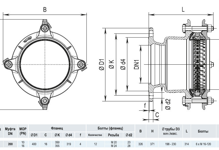 Фланец HAWLE Synoflex 7994 DN 250 (198-230 мм) универсальный фиксирующий 4