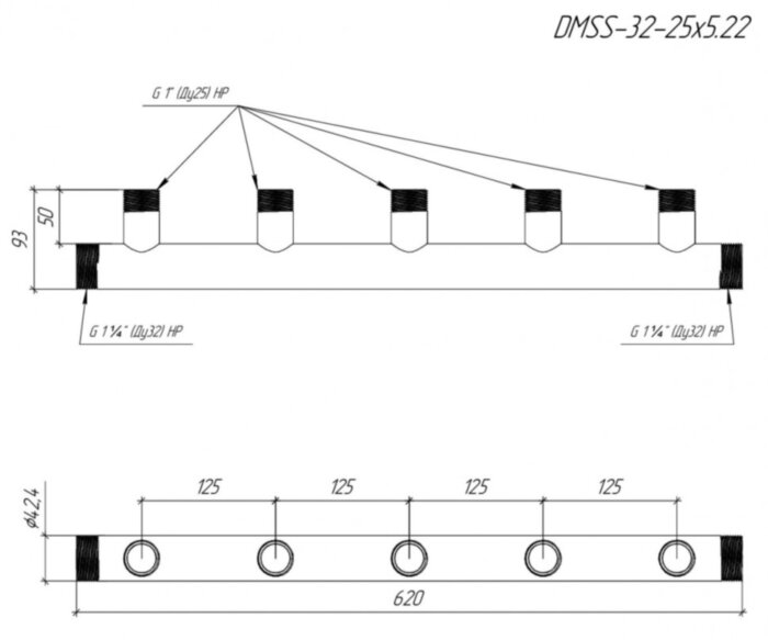 Коллектор распределительный GIDRUSS DMSS-32-25x5 5-ти контурный НР 1 1/4"x1" Ду 32 Ру 10 магистральный