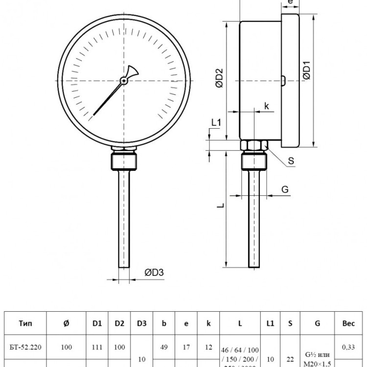 Термометр РОСМА БТ-52.220-100 Дкорп=100мм 10 МПа кл. 1,5 G1/2" Tраб = 0...+200°C биметаллический коррозионностойкий радиальный 00000010632 2