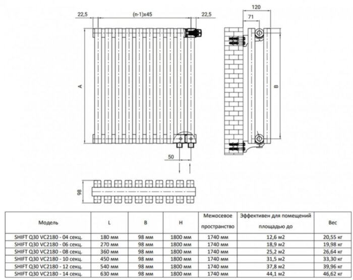 Дизайн-радиатор Royal Thermo SHIFT Q30 VC2180 - 10 секц. RAL9005m