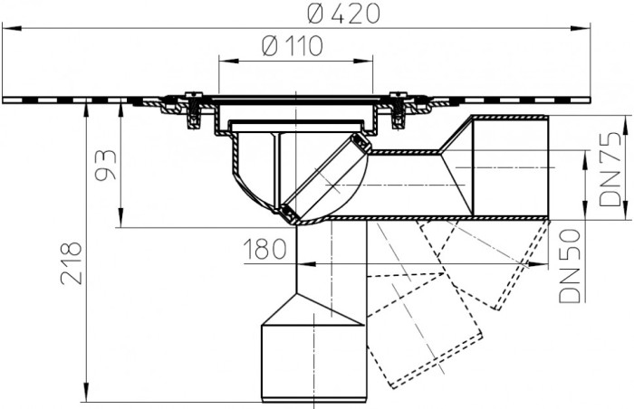 Корпус трапа HL80.1HK DN50/75 поворотный шарнир, сифон HL080.5E