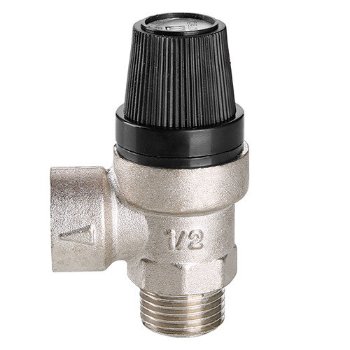 Клапан предохранительный VALTEC VT.0496.N.0415 1/2" DN 15 PN 10 пружинный с фиксированной настройкой 0,15 МПа, латунный с никелевым покрытием