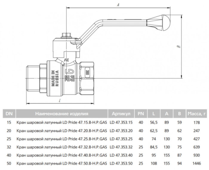 Кран шаровой латунный LD Pride 47.15.В-Н.Р GAS Ду 15 Ру 40 резьба (ВР-НР) 1/2", никелированный, неполнопроходный, стальной рычаг